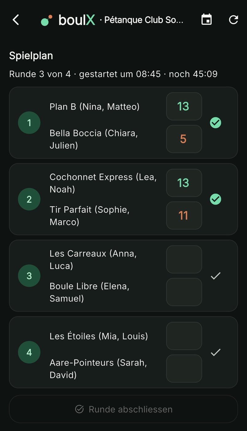 Spielplan in der App: jedes Team auf eigener Zeile, die Punktefelder daneben