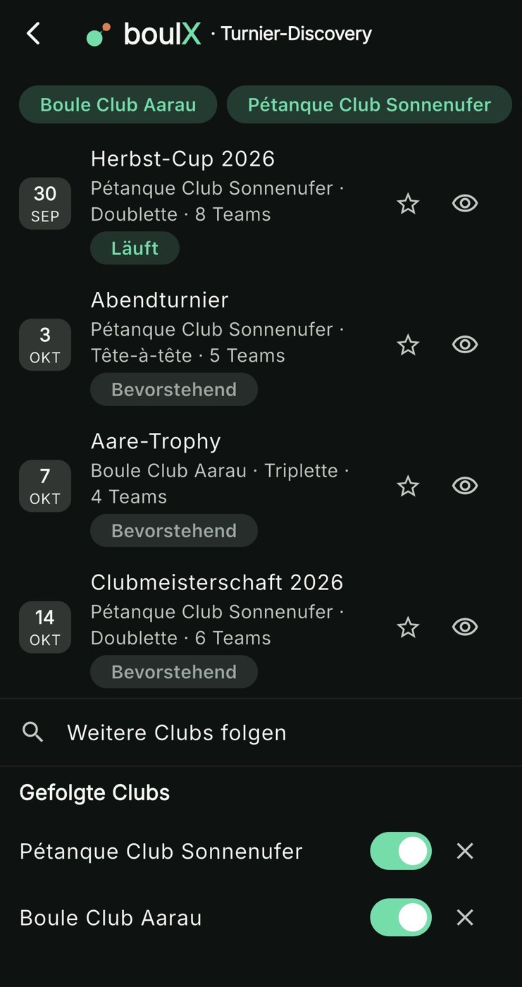 Turnierliste in der App: kommende Turniere aus gefolgten Clubs