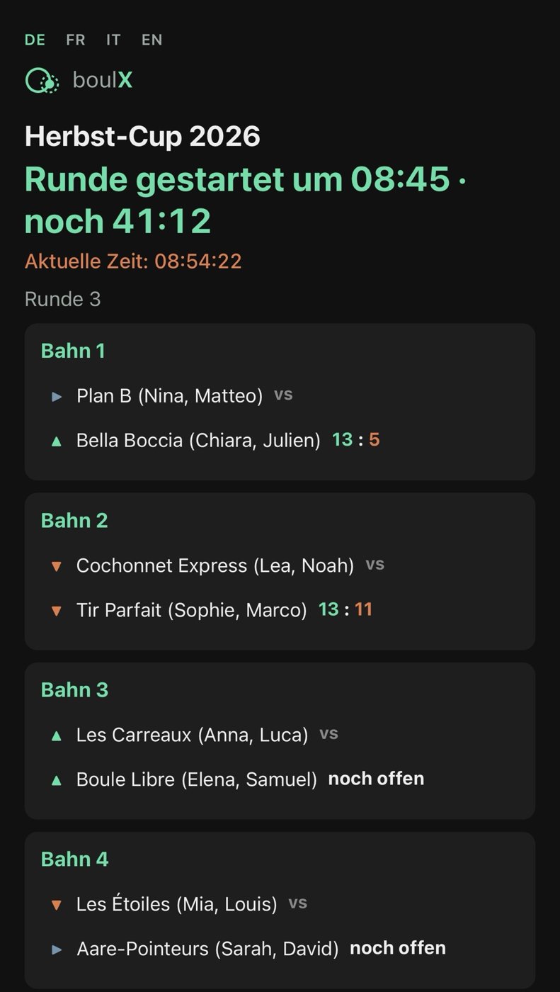 Live-Spielplan eines Pétanque-Turniers auf dem Smartphone: Runde 3, noch 41 Minuten, vier Bahnen